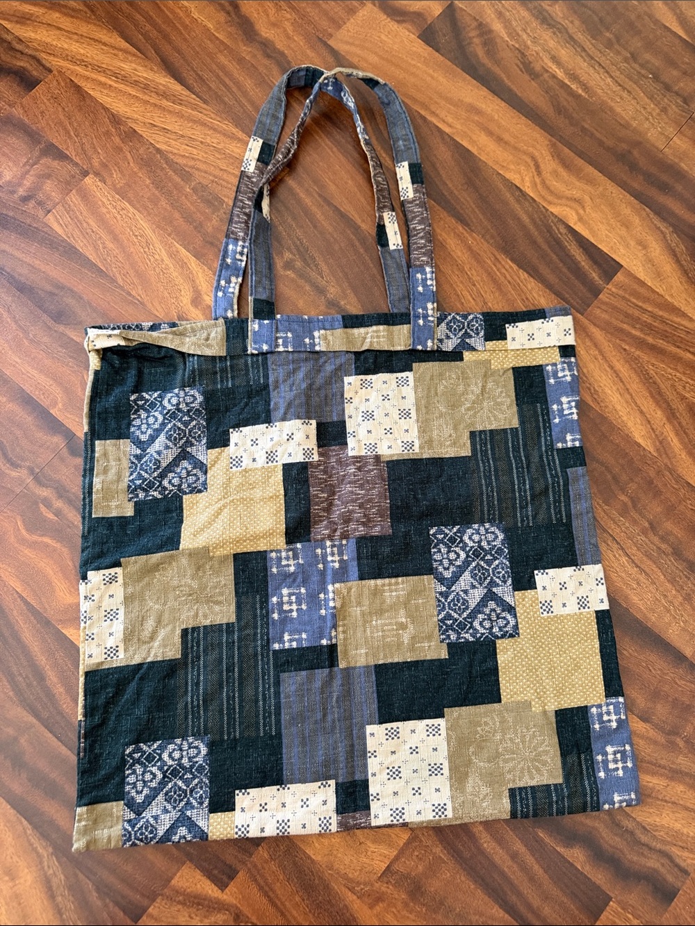 Patchwork Tote Bag in Navy, Olive & Cream